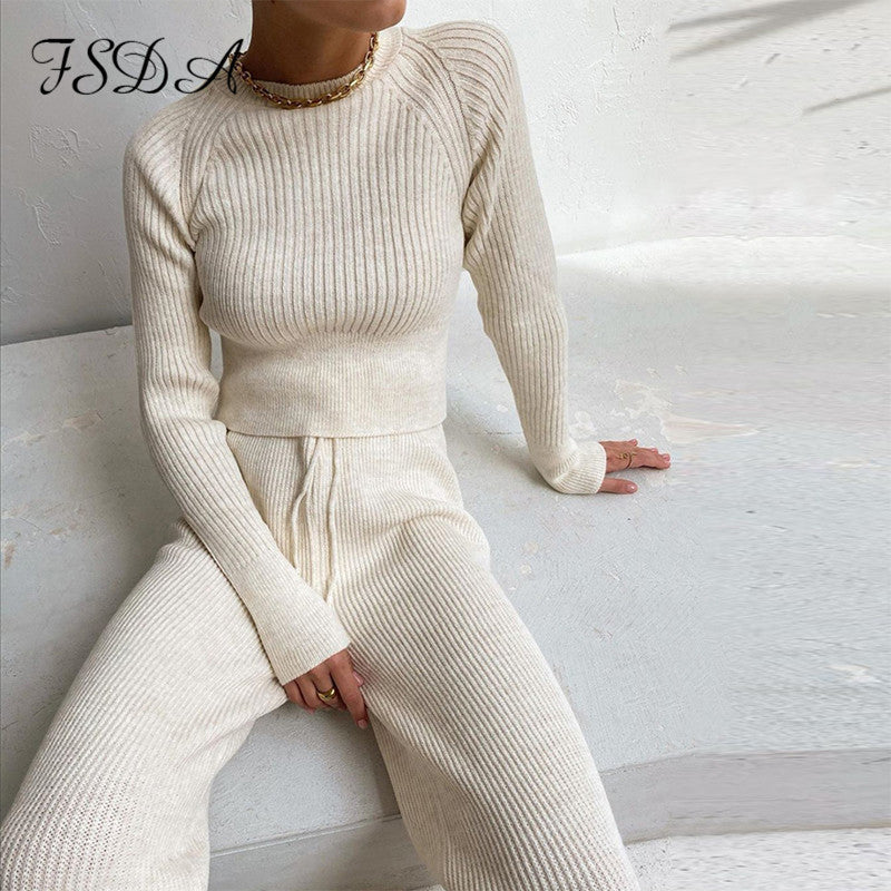 Women Set Sweater Top Long Sleeve And Biker Pants Casual Two Piece Knitted Set