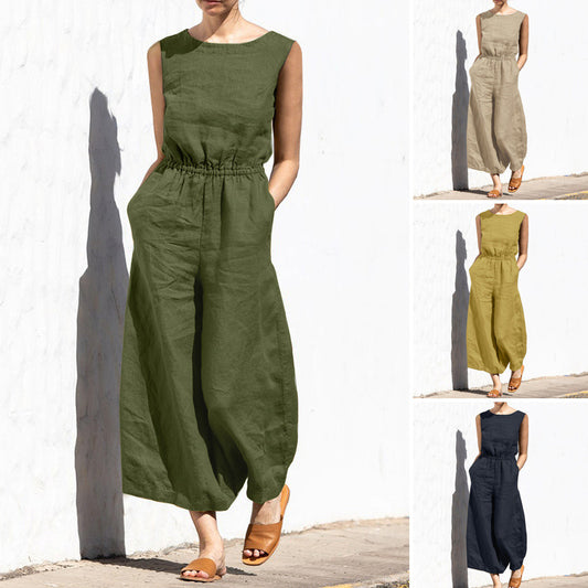 Summer Solid Color High Waist Sleeveless Women Fashion Casual Loose Jumpsuits