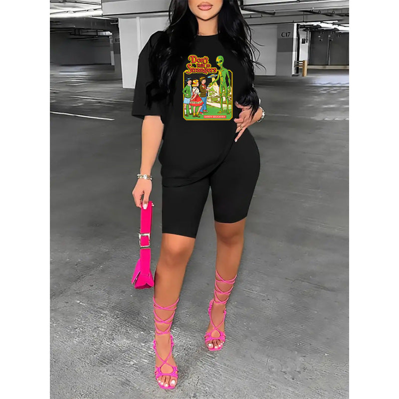 Conjunto deportivo de dos piezas para mujer, talla grande, informal, deportivo, con estampado gráfico, camiseta y pantalones cortos