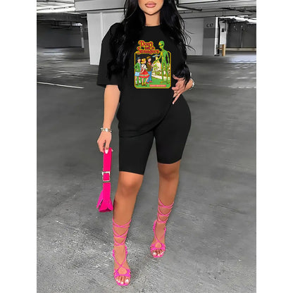 Conjunto deportivo de dos piezas para mujer, talla grande, informal, deportivo, con estampado gráfico, camiseta y pantalones cortos