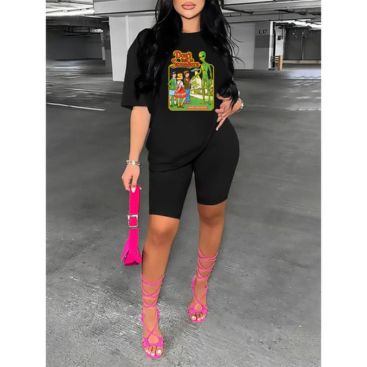 Conjunto deportivo de dos piezas para mujer, talla grande, informal, deportivo, con estampado gráfico, camiseta y pantalones cortos