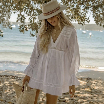 Women Solid Color V Neck Lace Lace Long Sleeve Loose Casual Beach Swimsuit Cover Up