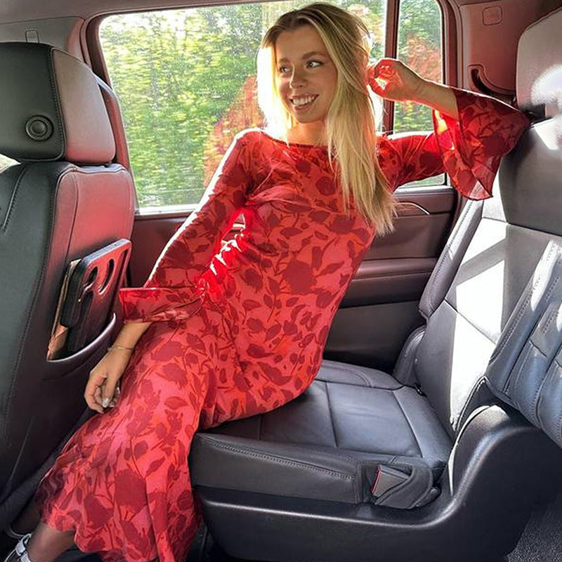 Vestido largo informal con cuello barco y mangas acampanadas con estampado floral de rosas y rayas elegante para mujer