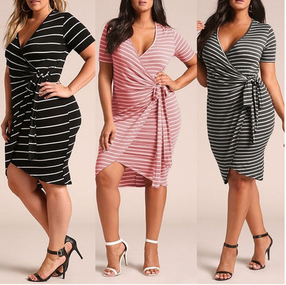 Vestido informal de manga corta a rayas con cuello en V y talla grande para mujer