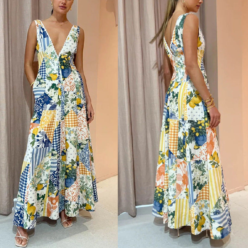 Fashion Boho Women Elegant Graphic Print Deep V Neck Sleeveless Casual Maxi Dress