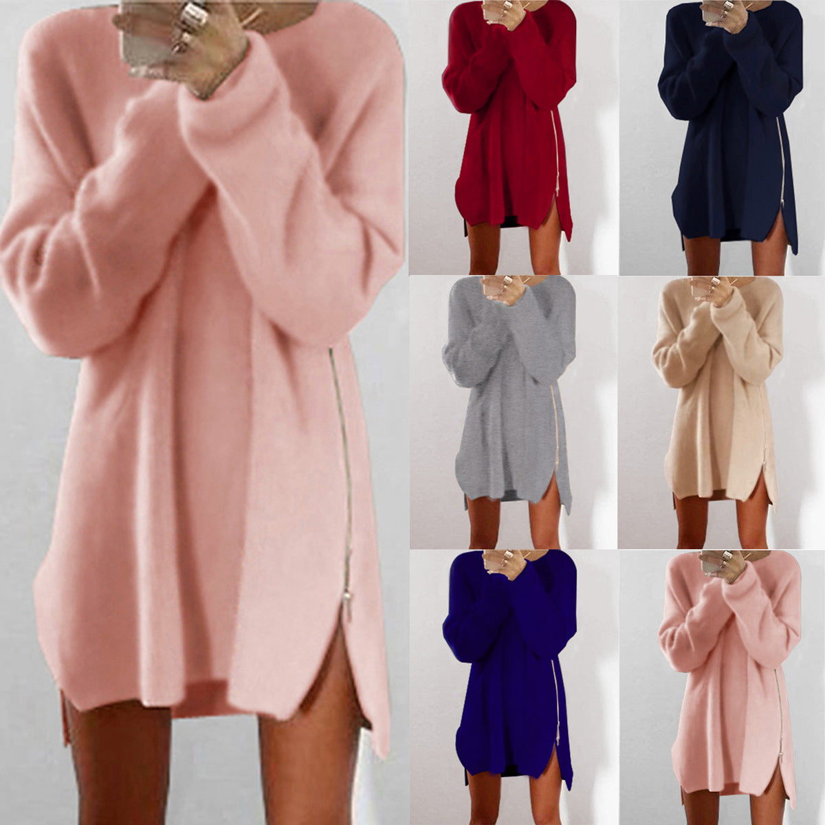 Autumn And Winter Women Casual Loose Solid Color Side Zipper Knitted Dress