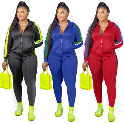 Conjunto de top informal de manga larga con solapa y cremallera para mujer, talla grande, y pantalones ajustados con bloques de color
