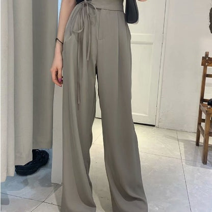 Women Fashion Casual Solid Color Bowknot Office Chic Wide Leg Pants
