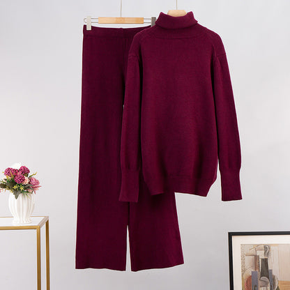 Suéter de punto de cuello alto de color liso para mujer, conjunto de dos piezas con pantalones anchos informales para otoño e invierno
