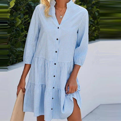 Women Fashion Casual Plaid Collar Shirt Dress