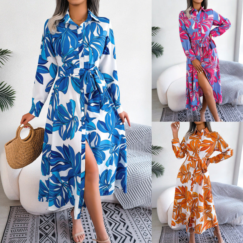 Vestido informal de manga larga con cordones y estampado floral para mujer