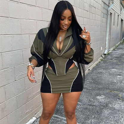 Autumn Winter Sexy Sports Style Loose Casual Contrast Color Long Sleeve Crop Jacket Short Skirt Set