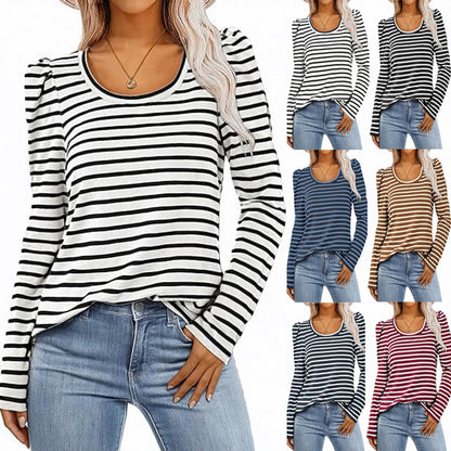 Camiseta informal de manga larga con cuello redondo y estampado de rayas para mujer