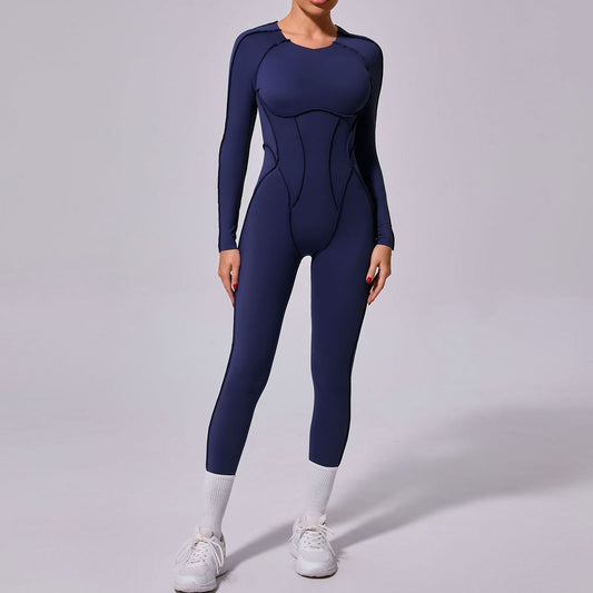 Women Fashion Casual Solid Color Long-Sleeve Backless One-Piece Yoga Sports Jumpsuits