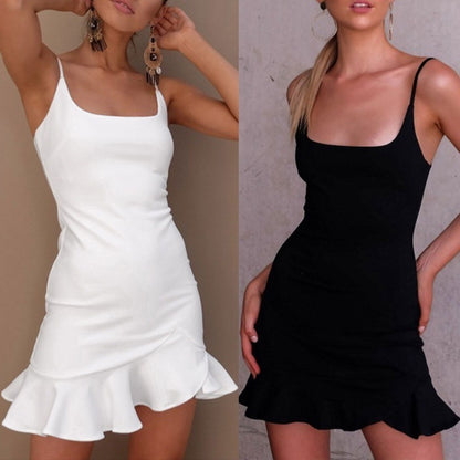 Women Casual Sexy Summer Vacation Solid Color Ruffled Square Neck Strap Dress