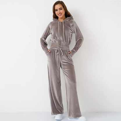 Conjunto de dos piezas de cárdigan con cremallera y pantalones de terciopelo con cordones para mujer, informal y a la moda.