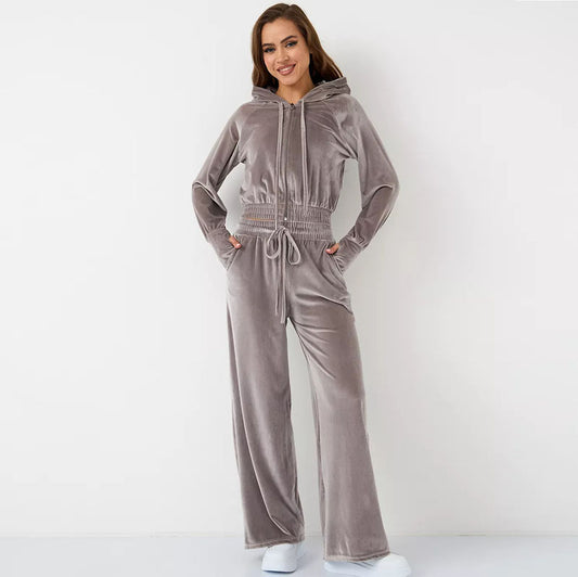 Conjunto de dos piezas de cárdigan con cremallera y pantalones de terciopelo con cordones para mujer, informal y a la moda.