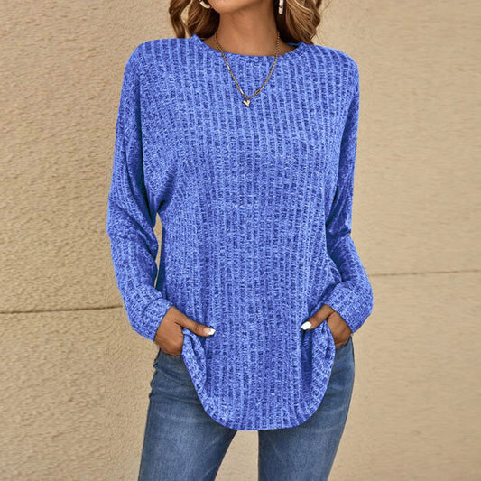 Camiseta holgada informal de talla grande para mujer, básica, de punto, de otoño, con cuello redondo, lisa, de manga larga
