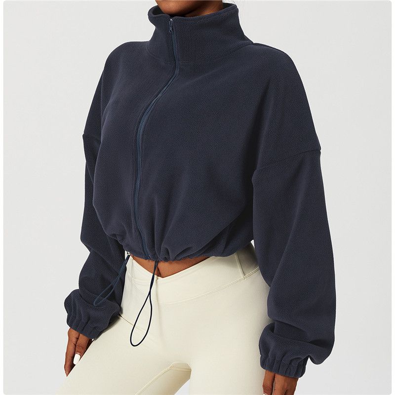 Women Casual Solid Color Fleece-Lined Warm Stand Neck Long-Sleeve Drawstring Sports Top