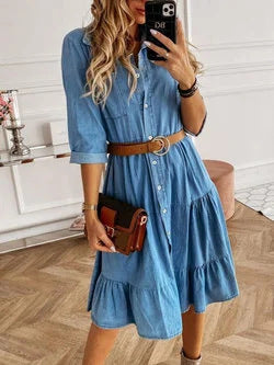 Vestido vaquero clásico de manga larga con bolsillos y volantes para mujer, estilo casual y a la moda.
