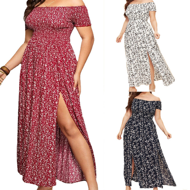 Women Plus Size Casual Bohemian Floral Print Off Shoulder Slit Maxi Dress