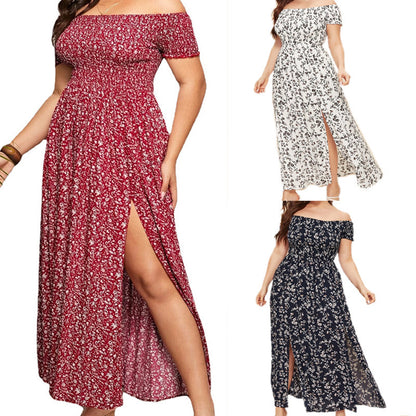 Women Plus Size Casual Bohemian Floral Print Off Shoulder Slit Maxi Dress