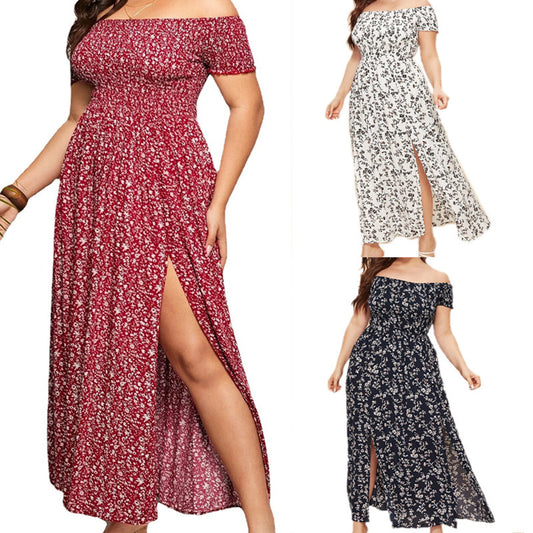 Women Plus Size Casual Bohemian Floral Print Off Shoulder Slit Maxi Dress