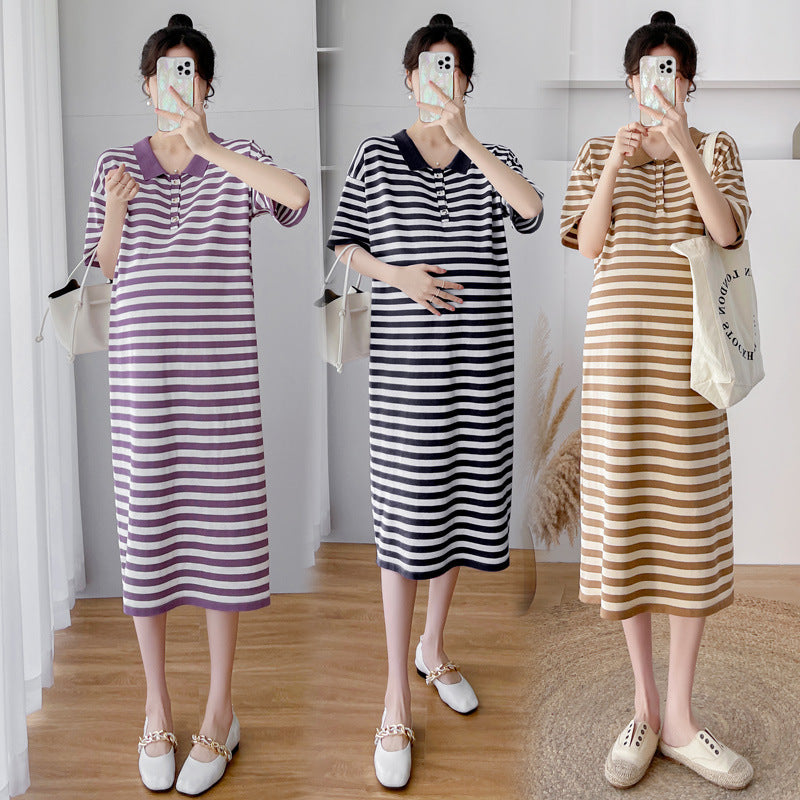 Vestido de maternidad informal de verano para mujer, con estampado de rayas y manga corta