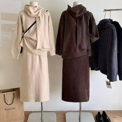 Women Fashion Casual Solid Color Knitted Scarf Long-Sleeve Sweater Loose Skirt Three-Piece Set