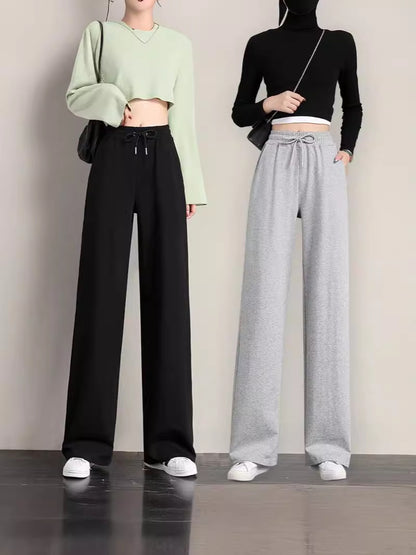 Women Casual Solid Color Drawstring Loose Wide Leg Pants