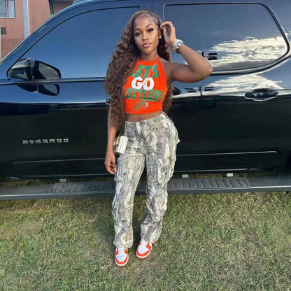 Women Fashion Casual Camouflage Stitching High Waist Pocket Slim-Fit Pants