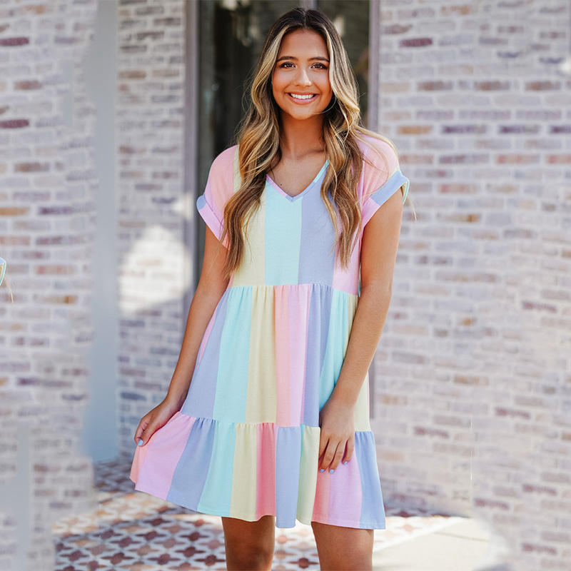 Women Fashion Casual V-Neck Color Blocking Dress