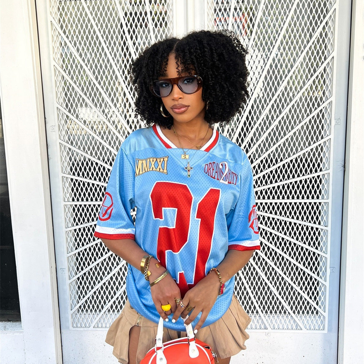 Women Fashion Casual Loose Contrast Color Digital Print Short Sleeve V-Neck Jersey T-Shirt