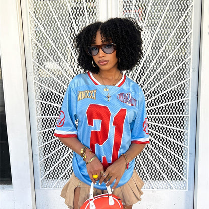 Women Fashion Casual Loose Contrast Color Digital Print Short Sleeve V-Neck Jersey T-Shirt