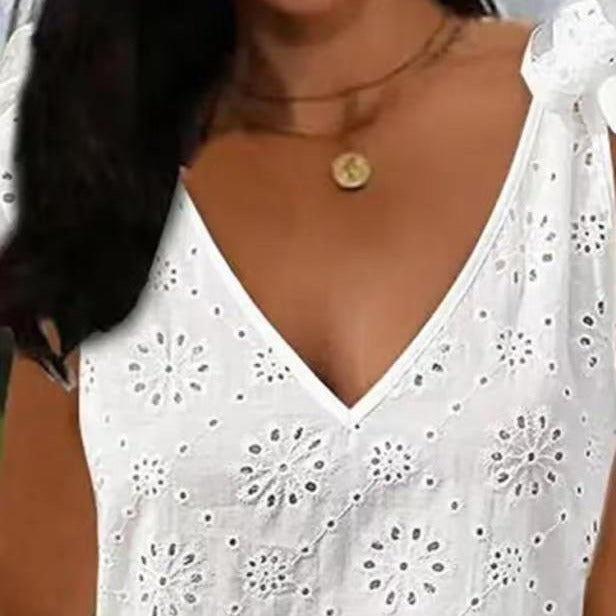 Women Fashion Casual Embroidery Hollow-Out V-Neck Sleeveless Lace-Up Dress
