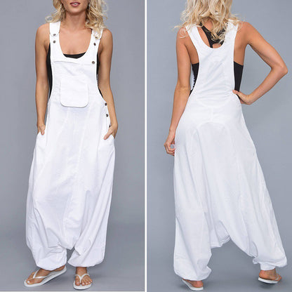 Women Loose Casual Edgy Sleeveless Pockets Solid Color Wide Legs Jumpsuits Overalls