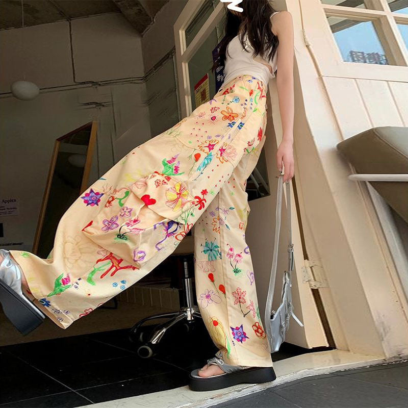 Women Casual Fashion Multicolor Graffiti High Straight Wide-Leg Pants
