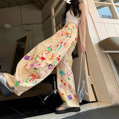 Women Casual Fashion Multicolor Graffiti High Straight Wide-Leg Pants