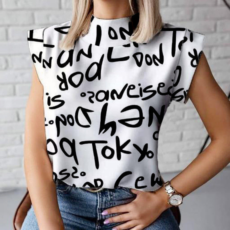 Blusa informal de verano con estampado de letras y mangas cortas para mujer