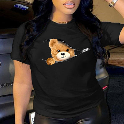 Camiseta informal de manga corta con cuello redondo y estampado de oso de dibujos animados para mujer, talla grande