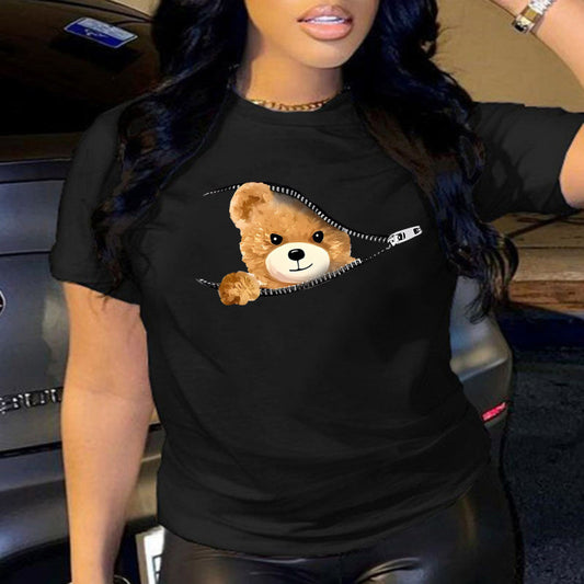 Camiseta informal de manga corta con cuello redondo y estampado de oso de dibujos animados para mujer, talla grande