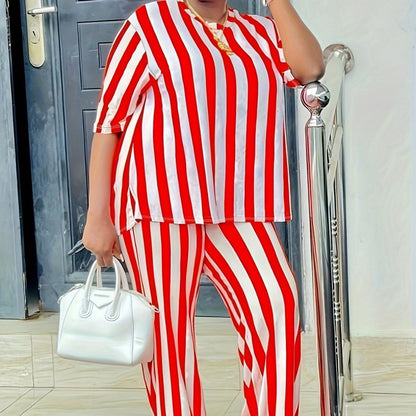 Conjunto de dos piezas de top y pantalón de manga corta con estampado a rayas, informal, de talla grande, para mujer