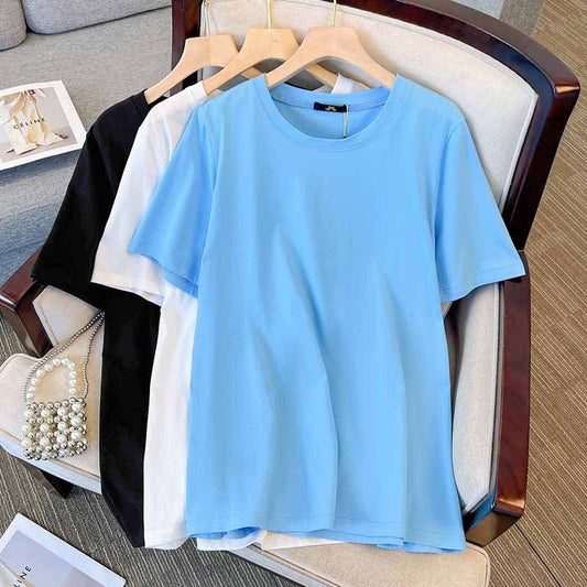 Camiseta informal de manga corta con cuello redondo y talla grande para mujer