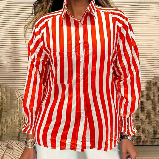 Blusa informal holgada de manga larga con solapa y rayas de talla grande para mujer