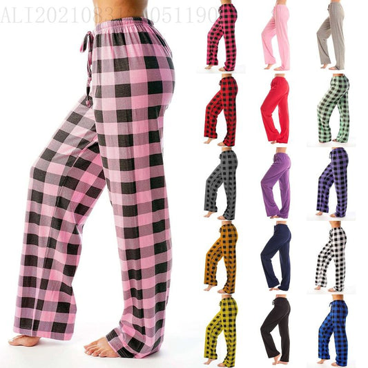 Women Casual Cozy Drawstring Plaid Printed Pants