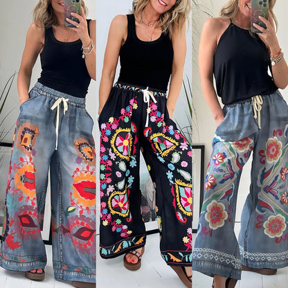 Ethnic Vintage Boho Women Spring And Summer Lace-Up Imitation Denim Floral Printed Pocket Loose Casual Pants