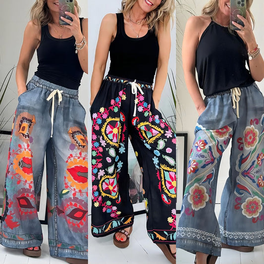 Ethnic Vintage Boho Women Spring And Summer Lace-Up Imitation Denim Floral Printed Pocket Loose Casual Pants