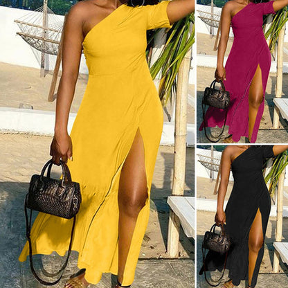 Casual Women One-Shoulder Solid Color Plus Size Side-slit Solid Maxi Dress