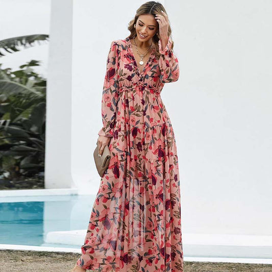 Women Ruffled Layered Long-Sleeve Tiny Flower Pullover V-Neck Casual Maxi Dress