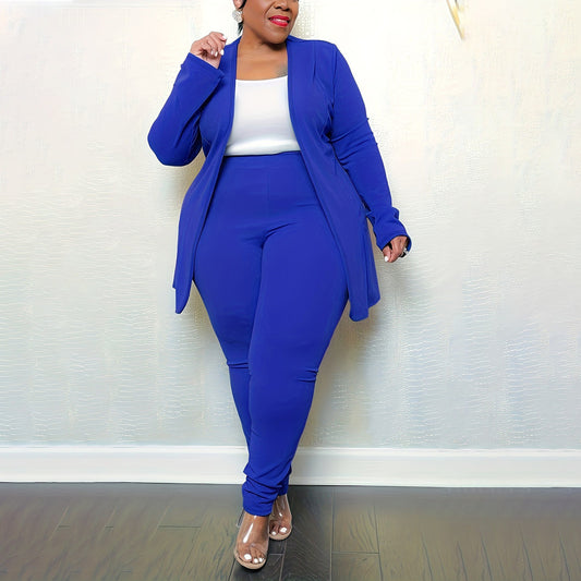 Women Casual Solid Color V-Neck Long-Sleeve Top Tight Pants Plus Size Two-Piece Set